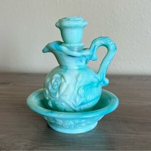 Avon Mini Pitcher & Bowl Set Vintage Green Jade Victorian Rose Glass Decanter